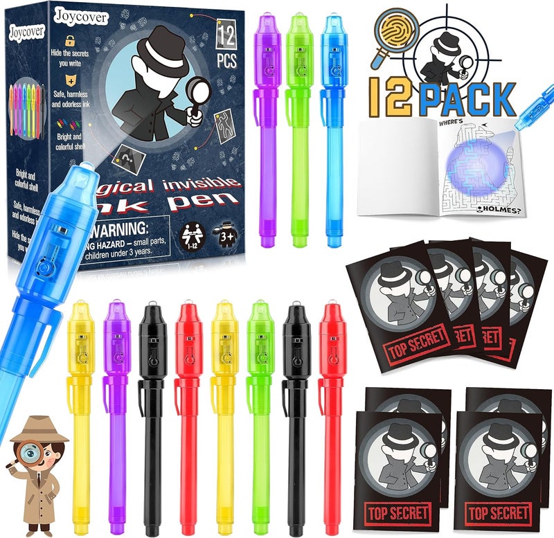 Joycover 12 PCS Invisible Ink Pen with UV Light for Kids, Spy Pens and Notebook, Birthday Party Favors for Kids 4-8, School Prize Goodie Bag Stuffers, UV Pen for Secret Message Escape Room - Image 1